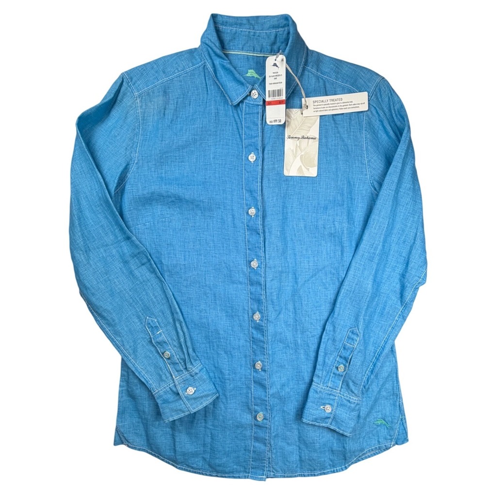 NWT Tommy Bahama Sea Glass Breezer LS Shirt Hawaiian Ocean Blue Linen Blend XS